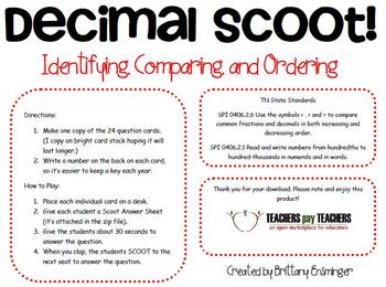 Preview of Decimals: Identifying, Comparing, and Ordering Decimals Scoot!