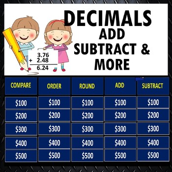 Preview of Decimals Jeopardy Math PowerPoint Digital Game Activity Add Subtract Round