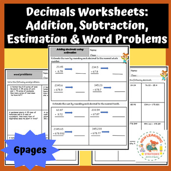 Preview of Decimals : Adding and Subtracting Decimals worksheets/Estimation & Word Problems