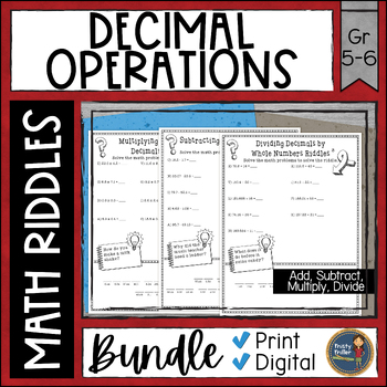 Preview of Decimal Operations Math Riddles Worksheets Bundle - Add Subtract Multiply Divide