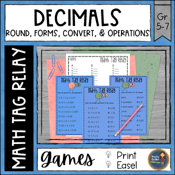 Preview of Decimals Math Tag Relay - Round, Convert, Forms, Operations