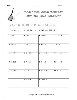 subtracting decimals from whole numbers riddle worksheet by funsheets4math