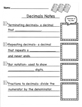 Preview of Decimals (Terminating and Repeating) notes