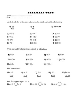 decimals test with free answer key by simply third grade tpt