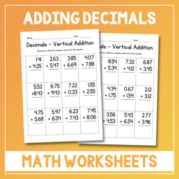 Preview of Decimals Vertical Addition Worksheets - Adding Vertically Practice - Test Prep