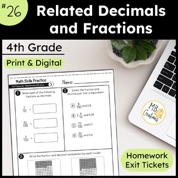 Preview of Fractions to Tenths & Hundredths to Decimals Worksheet iReady Math 4th Grade L26