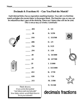 Preview of Decimals and Fractions Together
