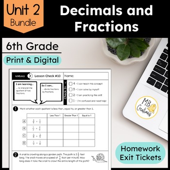 Preview of Decimals and Fractions Worksheets & Exit Tickets - iReady Math 6th Grade Unit 2