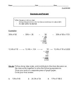 Preview of Decimals and Percents: Notes, Classwork, and Homework