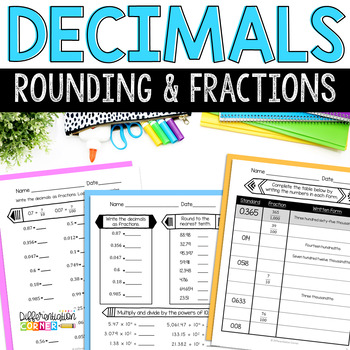 Preview of Rounding Decimals & Converting Decimals to Fractions Worksheets Anchor Charts