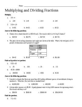 Decimals - Multiplying And Dividing Multiple Choice Test By Teampanther