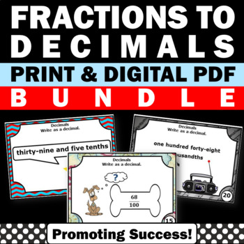 Preview of Converting Fractions to Decimals 4th Grade Math Place Value Task Cards Sub Plans