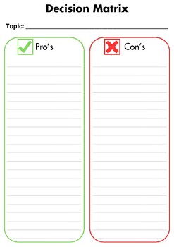 Preview of Decision Matrix (Pro & Con) Template/ Graphic Organiser