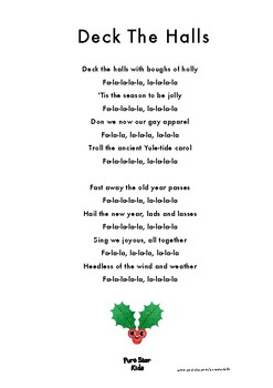 Deck The Halls - Christmas Song Sheet Lyrics by Pure Star Kids | TpT