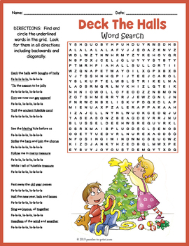 DECK THE HALLS Lyrics Word Search Puzzle Worksheet Activity by Puzzles to  Print