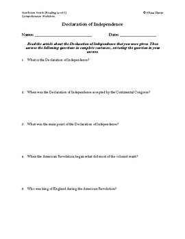 Preview of Declaration of Independence Article (Reading Level 1) Comprehension Worksheet