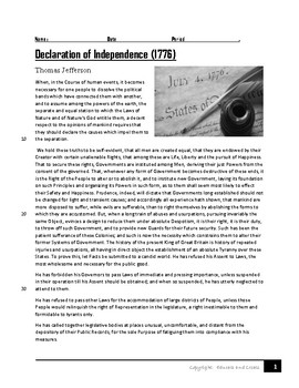 Preview of Declaration of Independence- Close Reading