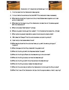 Preview of Declaration of Independence Primary Source Analysis Scavenger Hunt Worksheet