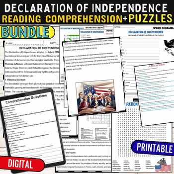 Preview of Declaration of Independence Reading Comprehension Puzzles,Digital & Print BUNDLE