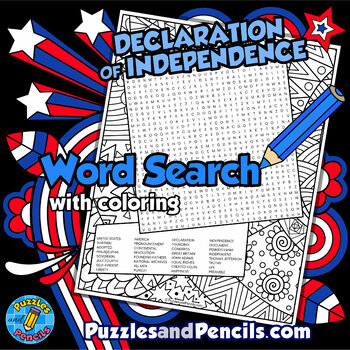 Preview of Declaration of Independence Word Search Puzzle Activity Page with Coloring