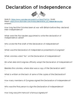 Preview of Declaration of independence "Watch, Read & Answer"  Online Assignment (WORD)