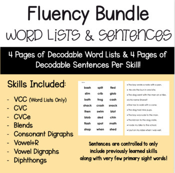 Preview of Decodable Fluency List Bundle - Phonics Word Lists and Sentences