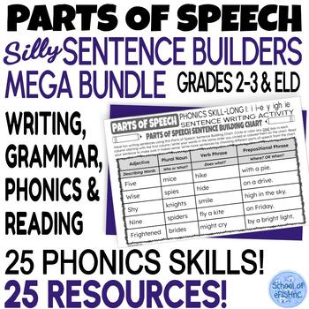 Preview of Decodable Parts of Speech Silly Sentence Building Chart Worksheets Mega Bundle
