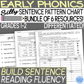 Preview of Reading Decodable Phonics Silly Sentence Chart and Phonics Word Sort Set 1-6