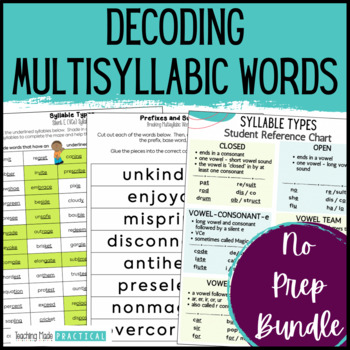 Preview of Decoding Multisyllabic Words Activities, Games, Worksheets, Word Lists - No Prep