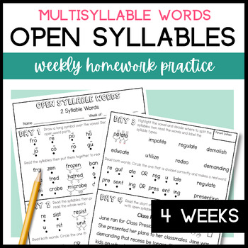 Preview of Decoding Multisyllabic Words Open Syllables | Phonics Homework & Decodable Text