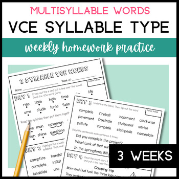 Preview of Decoding Multisyllabic Words VCE Syllable | Phonics Homework Decodable Text