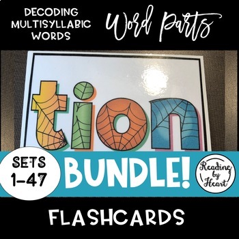 Preview of Decoding Multisyllabic Words WORD PARTS FLASHCARDS SPIDERWEB SETS 1-47 BUNDLE