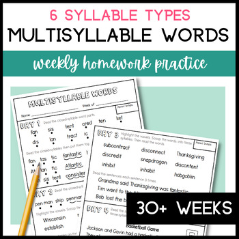 Preview of Decoding Multisyllabic Words 6 Syllable Types Bundle |Phonics & Fluency Homework
