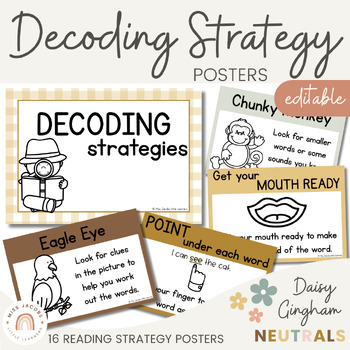 Decoding Reading Strategies Posters | Daisy Gingham Neutrals | TPT