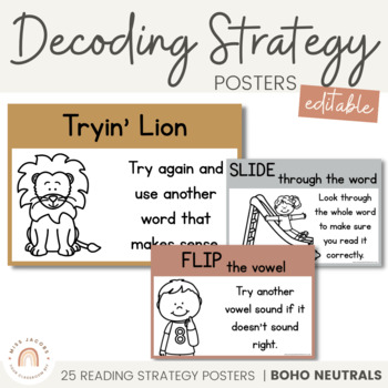 Preview of Decoding Reading Strategy Posters | Editable | Boho Neutral Classroom Decor