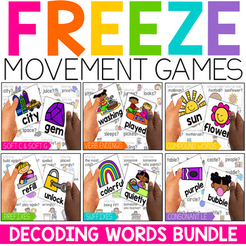 Preview of Phonics Games & Decoding Words Worksheets BUNDLE | FREEZE Movement Brain Breaks
