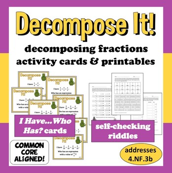 Preview of Decompose It! decomposing fractions I Have, Who Has cards & printables