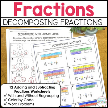 Preview of Decomposing Fractions Task Cards Worksheets and Anchor Chart Activities