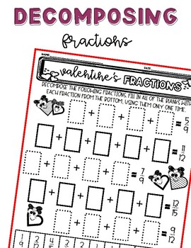 Preview of Decomposing Fractions | Valentine's Day | Worksheet | Activity | Adding