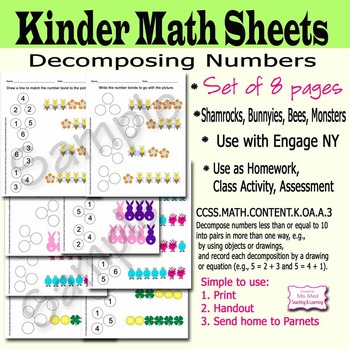 Preview of Decomposing Numbers Kindergarten K.OA.A.3 Spring Theme: Shamrock, Bunny, Bees,