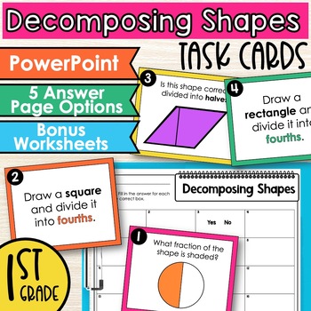 Preview of Decomposing Shapes Task Cards for First Grade | Shapes Activities