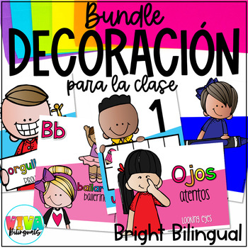 Preview of Decoración para la clase | Bright Bilingual Classroom Decor Bundle