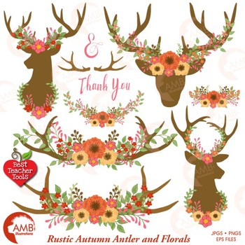 Deer Clipart Antler Clip Art Floral Clipart Rustic Wedding Amb 1486