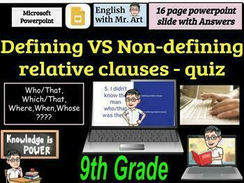 Preview of Defining VS Non-defining relative clauses quiz (14 questions with Answer Key)