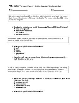 Defining Vocab with Context Clues - The Sniper - Liam O'Flaherty