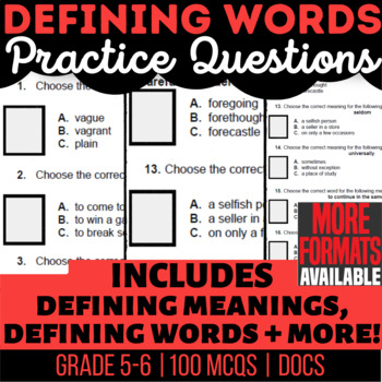 Preview of Defining Words Docs Worksheets Define Word and Meaning Multiple Choice Questions