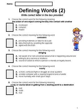 Preview of Defining Words Worksheets Multiple Choice Worksheet 2 (Grade 5-6)