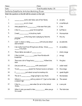 Definite Indefinite Articles Matching Exam Tpt