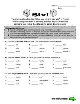 Preview of Definite, Indefinite, and Possessive French Articles - Six! Game and Answer Key