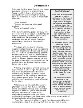 Deforestation Reading Selection And Questions By DI